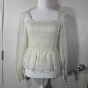 Nine West Ivory with Silver Sparkly Stripe Square Neck Chiffon Line Blouse — XS